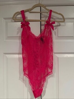 Victoria's Secret Sheer Lace Bow-Shoulder Teddy - Hot Pink